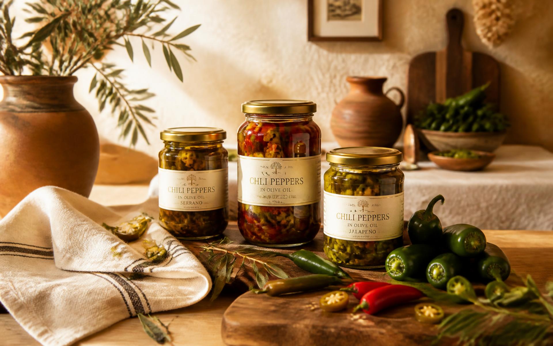 Frascos de chiles en aceite de oliva con chiles frescos sobre una tabla de madera